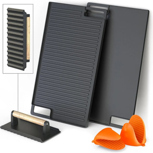 Reversible Cast Iron Grill and Griddle Plate Pan Set, Works on Stove, Grill, and Fire, Size: 10.1" x 17.9"