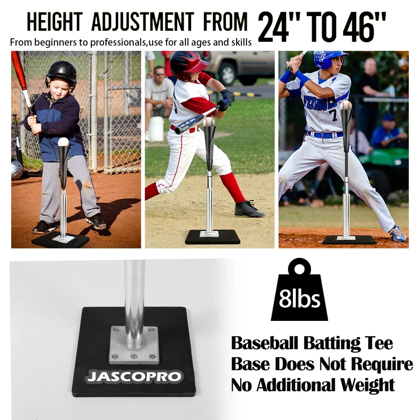 JASCOPRO Metal Baseball Batting Tee, 24-46" Adjustable Height, Handrolled Flexible Rubber Top