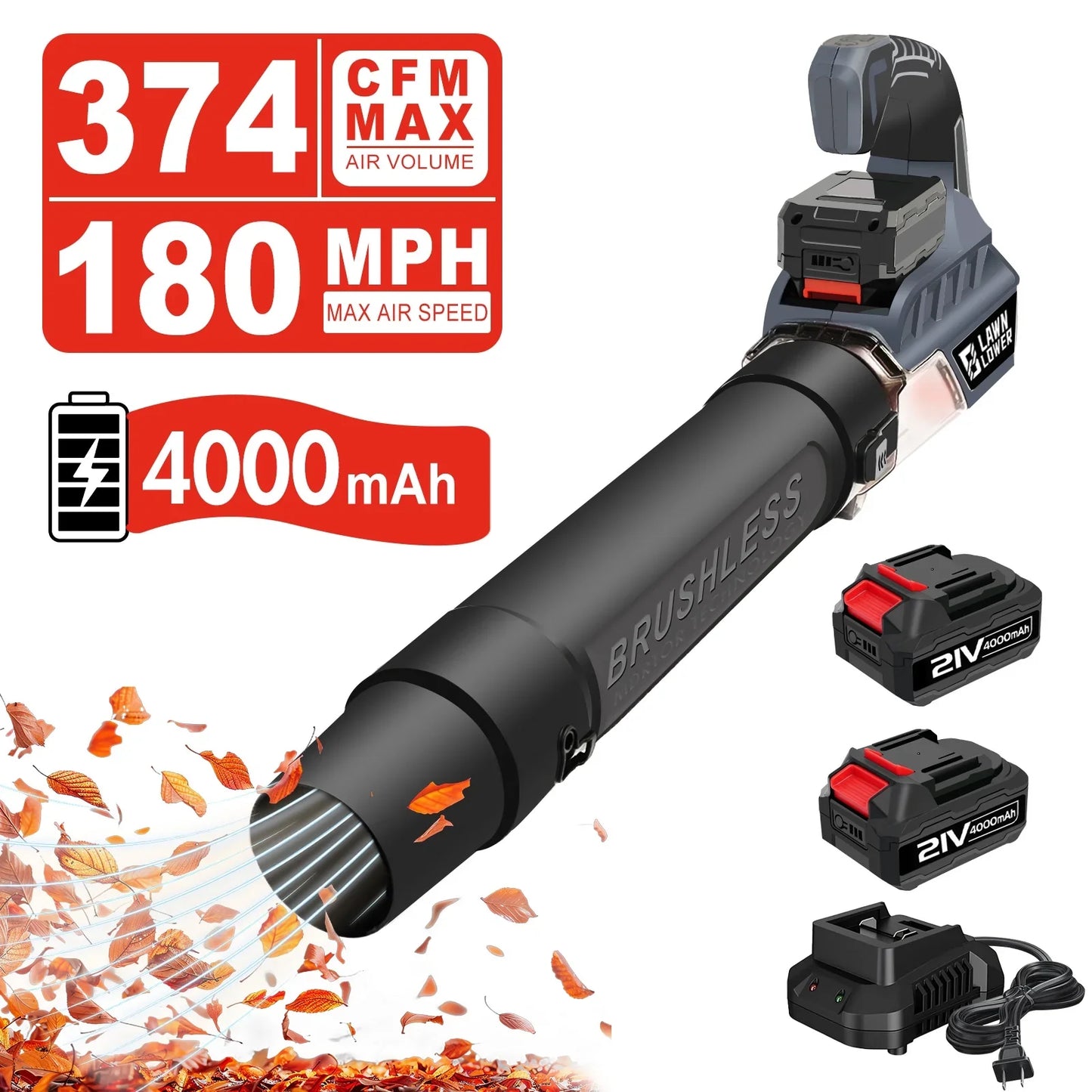 21V Brushless Leaf Blower, 180MPH 374 CFM Battery Leaf Blower, Electric Lightweight Cordless Blower with 2x4.0Ah Battery Charger, for Lawn Care, Patio Cleaning, Blowing Leaves and Dust
