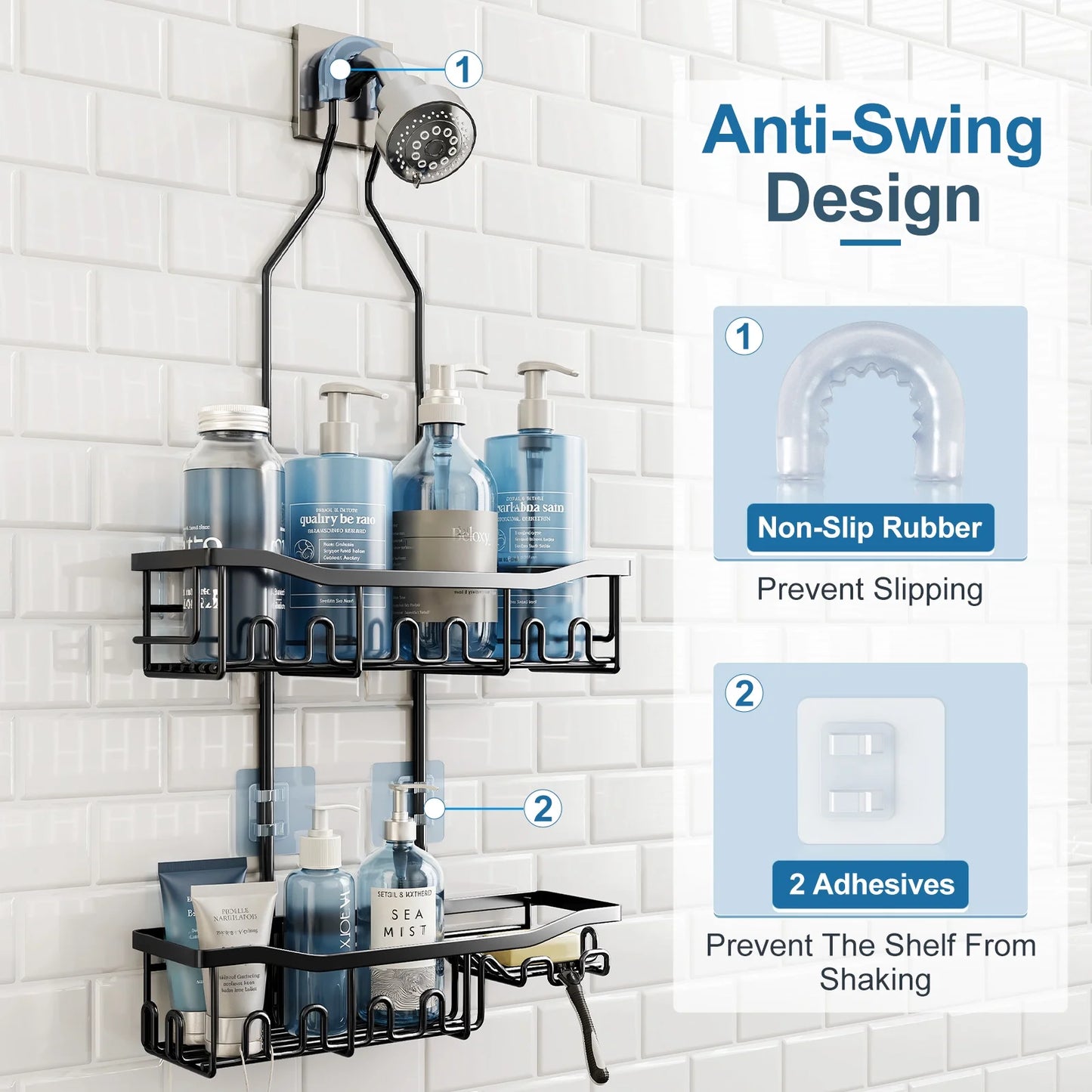 VANCORE Rustproof Shower Caddy over Shower Head - Height Adjustable Hanging Shower Caddy Shower Organizer with Hooks Shampoo Soap Holder
