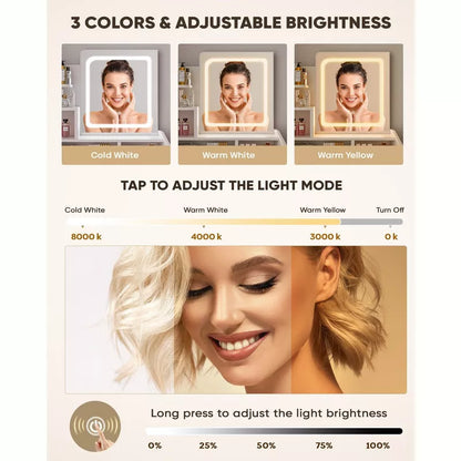 Vanity Desk Set with Square Mirror and Light  Small Vanity Tale with Drawers