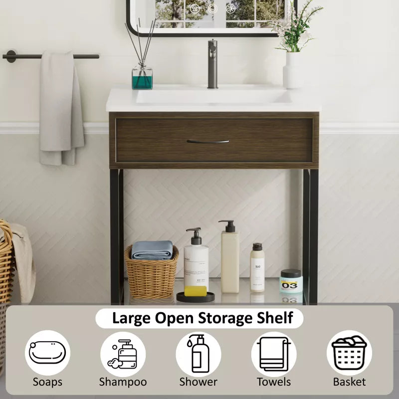 Bathroom Vanity with Resin Sink, Freestanding Modern Bathroom Cabinet Set with Metal Frame and Open Storage Glass Shelf