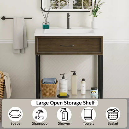 Bathroom Vanity with Resin Sink, Freestanding Modern Bathroom Cabinet Set with Metal Frame and Open Storage Glass Shelf