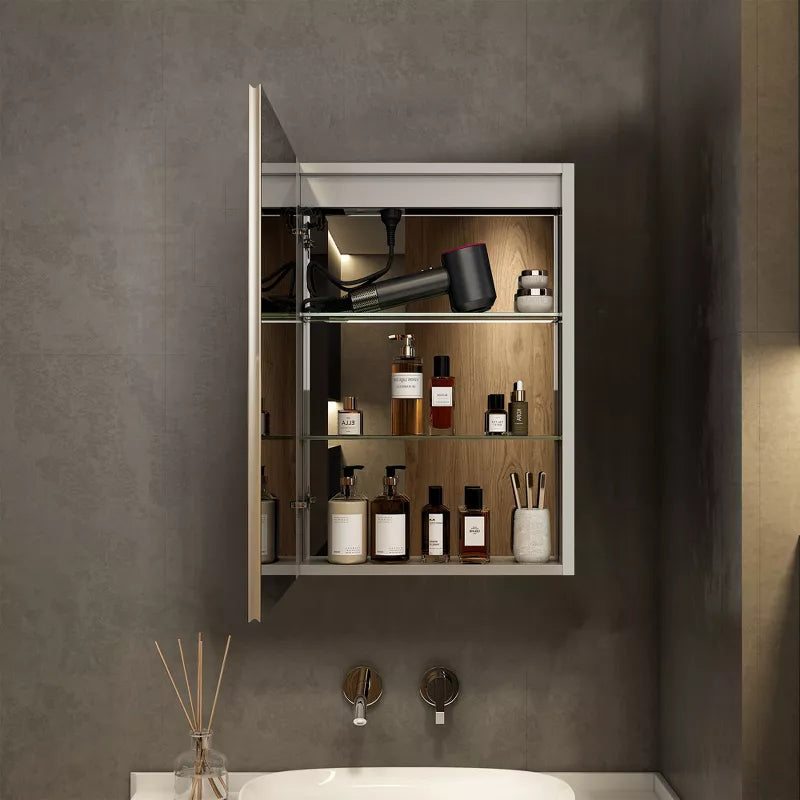 HBEZON LED Medicine Cabinet with Mirrors and Lights, Recess/Wall Mount Bathroom Cabinet, 3 Mode Light, Dimmable, Anti Fog, Time  Temp, Outlet, Silver