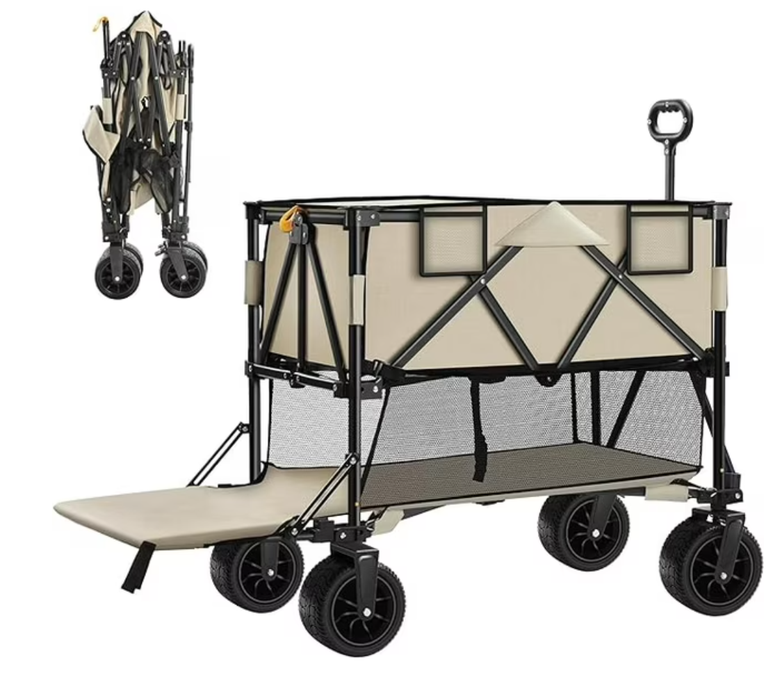 Double Decker Wagon Collapsible, Heavy Duty Foldable Wagon with Big Wheels, Folding Extended Wagon Cart Support Up to 330lbs, Outdoor Utility Wagon for Camping, Sports, Shopping, Beach, Garden