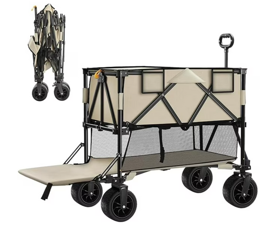 Double Decker Wagon Collapsible, Heavy Duty Foldable Wagon with Big Wheels, Folding Extended Wagon Cart Support Up to 330lbs, Outdoor Utility Wagon for Camping, Sports, Shopping, Beach, Garden