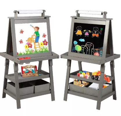 Kinder King 3 in 1 Kids Art Easel w/Storage Double-Sided Magnetic Whiteboard & Chalkboard Dry-Erase Board w/Paper Roller