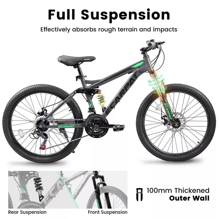 BestParts 24 Inch Mountain Bike for Adults Teens, Dual Suspension MTB Bicycle with 21-Speed & Disc Brakes, Trail Commuting Use, Grey