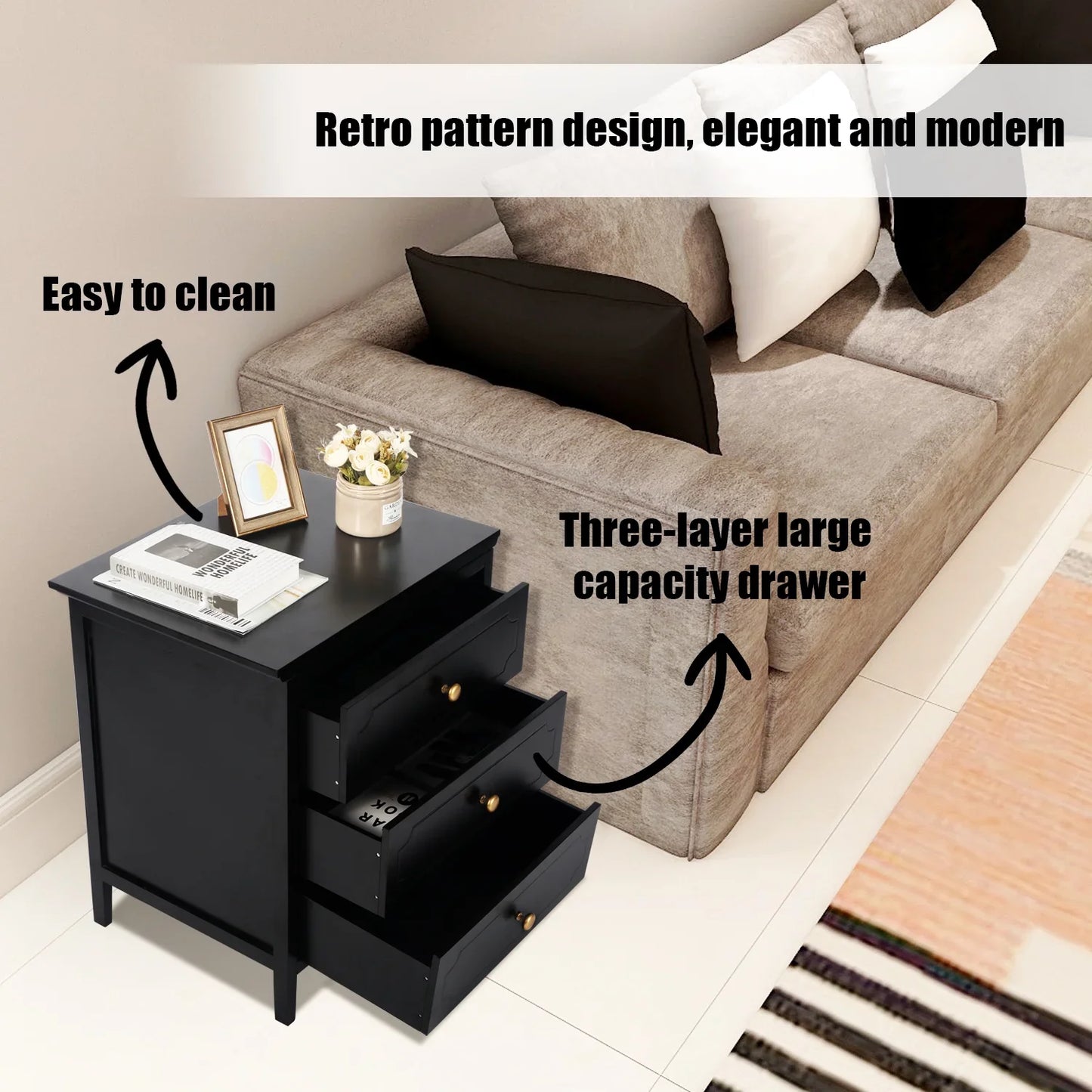 3 Drawer Nightstand Black Side Table Bedroom End Table for Living Room Bedroom with Storage 1 Set Bedroom Furniture