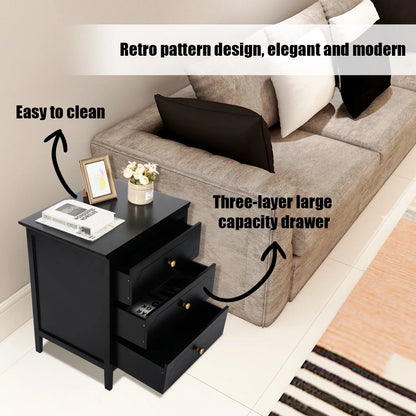 3 Drawer Nightstand Black Side Table Bedroom End Table for Living Room Bedroom with Storage 1 Set Bedroom Furniture