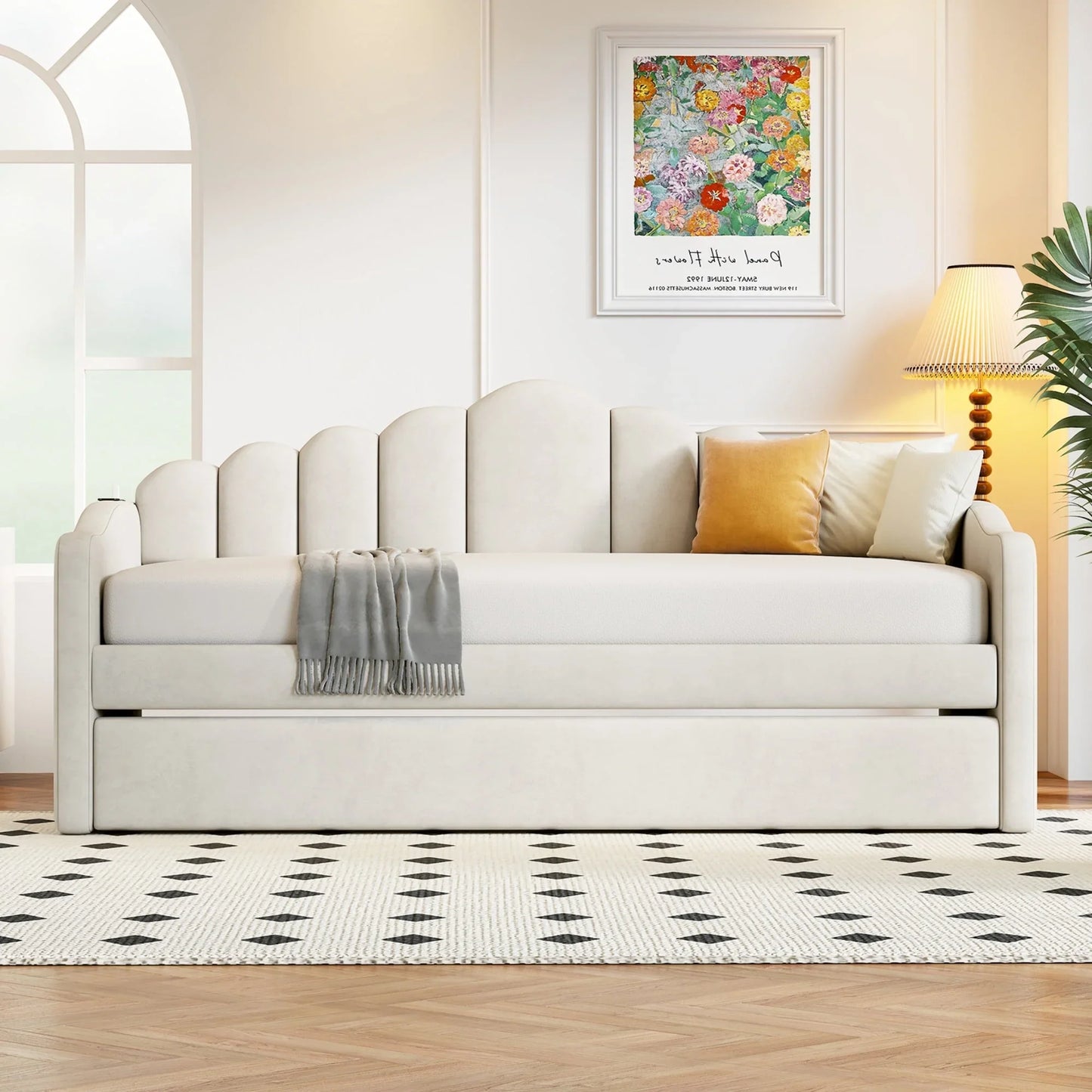 MODERNLUXE Twin Size Daybed with Trundle,Velvet Upholstered Day Bed Frame with USB Charging Ports and Side Pocket,Wood Slat Support,No Box Spring Needed,White