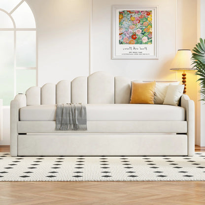 MODERNLUXE Twin Size Daybed with Trundle,Velvet Upholstered Day Bed Frame with USB Charging Ports and Side Pocket,Wood Slat Support,No Box Spring Needed,White