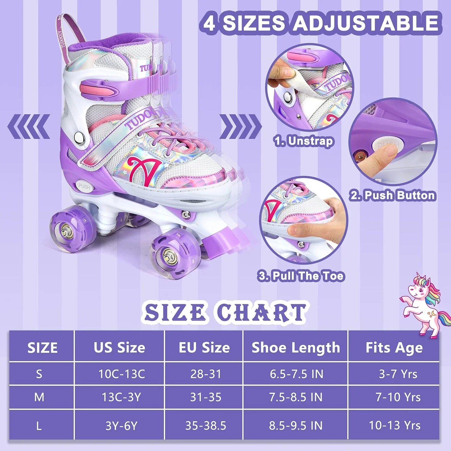 Roller Skates for Kids, Adjustable Roller Skates with Light up Wheels for Girls, Teens, US Size : 13C-3Y, Medium