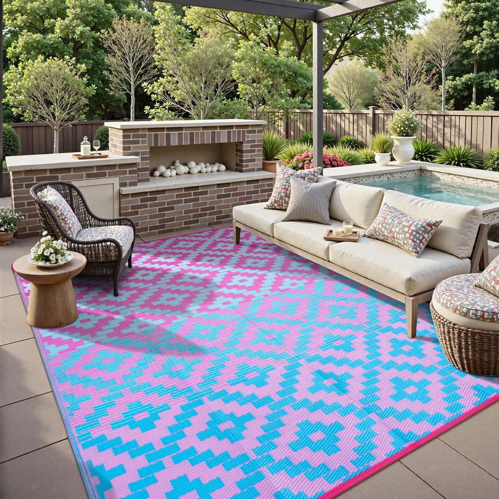 Lahome Ombre Outdoor Area Rug-Geometric Reversible Mat for Patio, Balcony, Deck, Backyard, or RV Camping