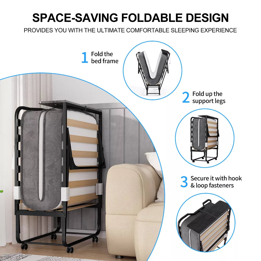 Mjkone Adult Folding Bed with Memory Foam Mattress Sleeper Wood Slats Black 75*32