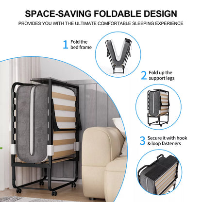 Mjkone Adult Folding Bed with Memory Foam Mattress Sleeper Wood Slats Black 75*32