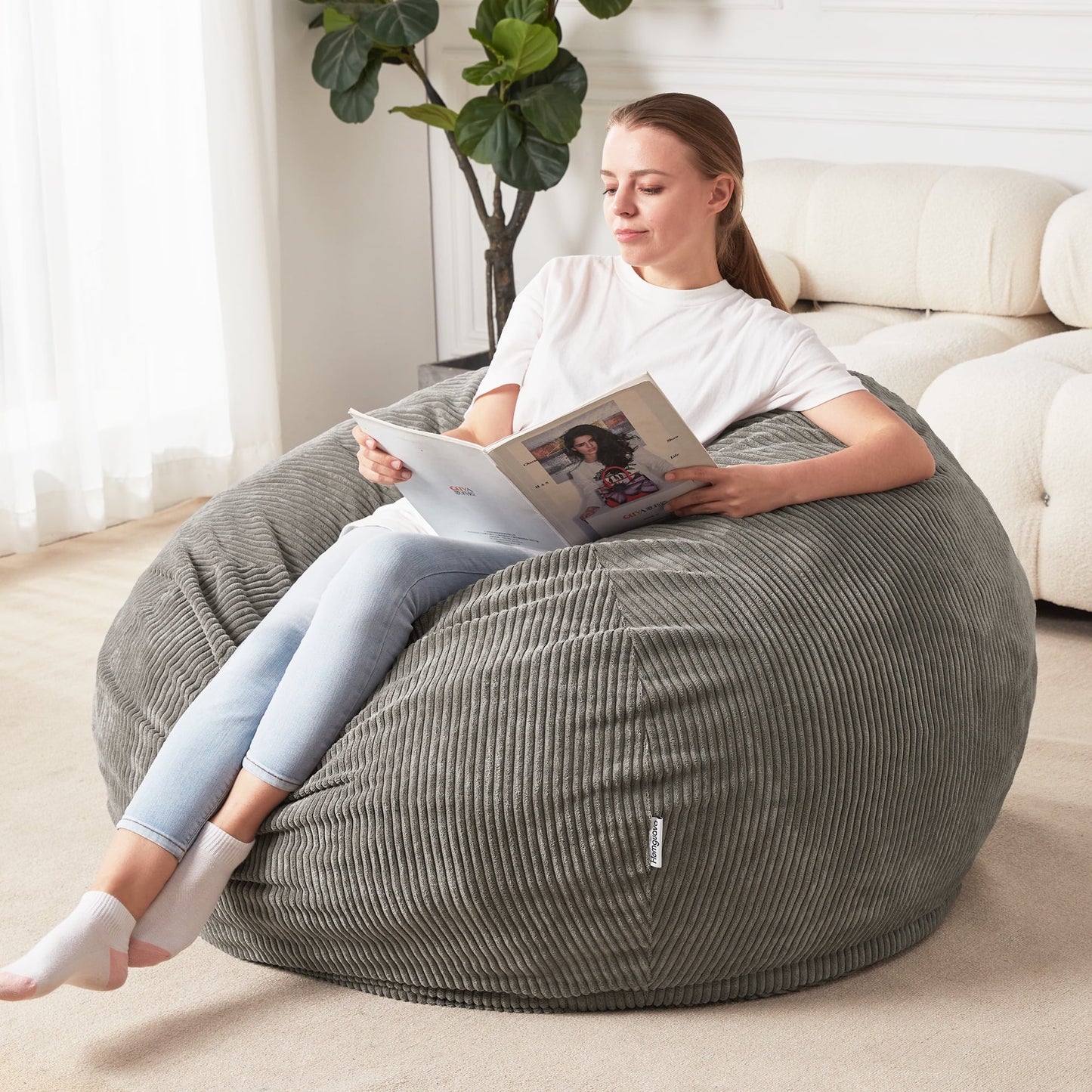 Homguava Bean Bag Chair: Teardrop Bean Bags with Memory Foam Filled, Compact Beanbag Chairs Soft Sofa with Corduroy Cover (Grey)