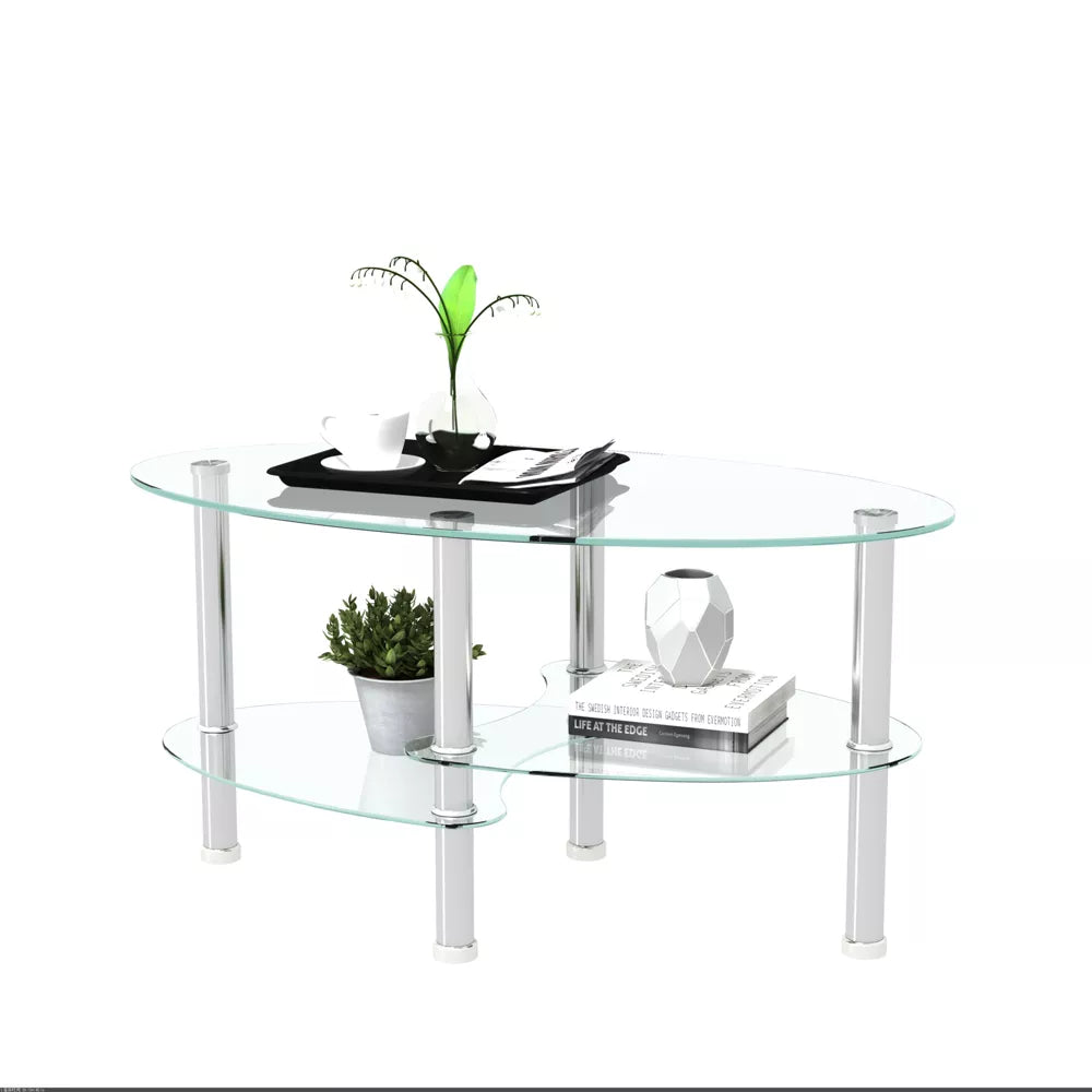 NicBex Coffee Tables for Living Room Modern Transparent Oval Glass Coffee Table Tea Table 3-layer Glass Table with Stainless Steel Leg, Transparent
