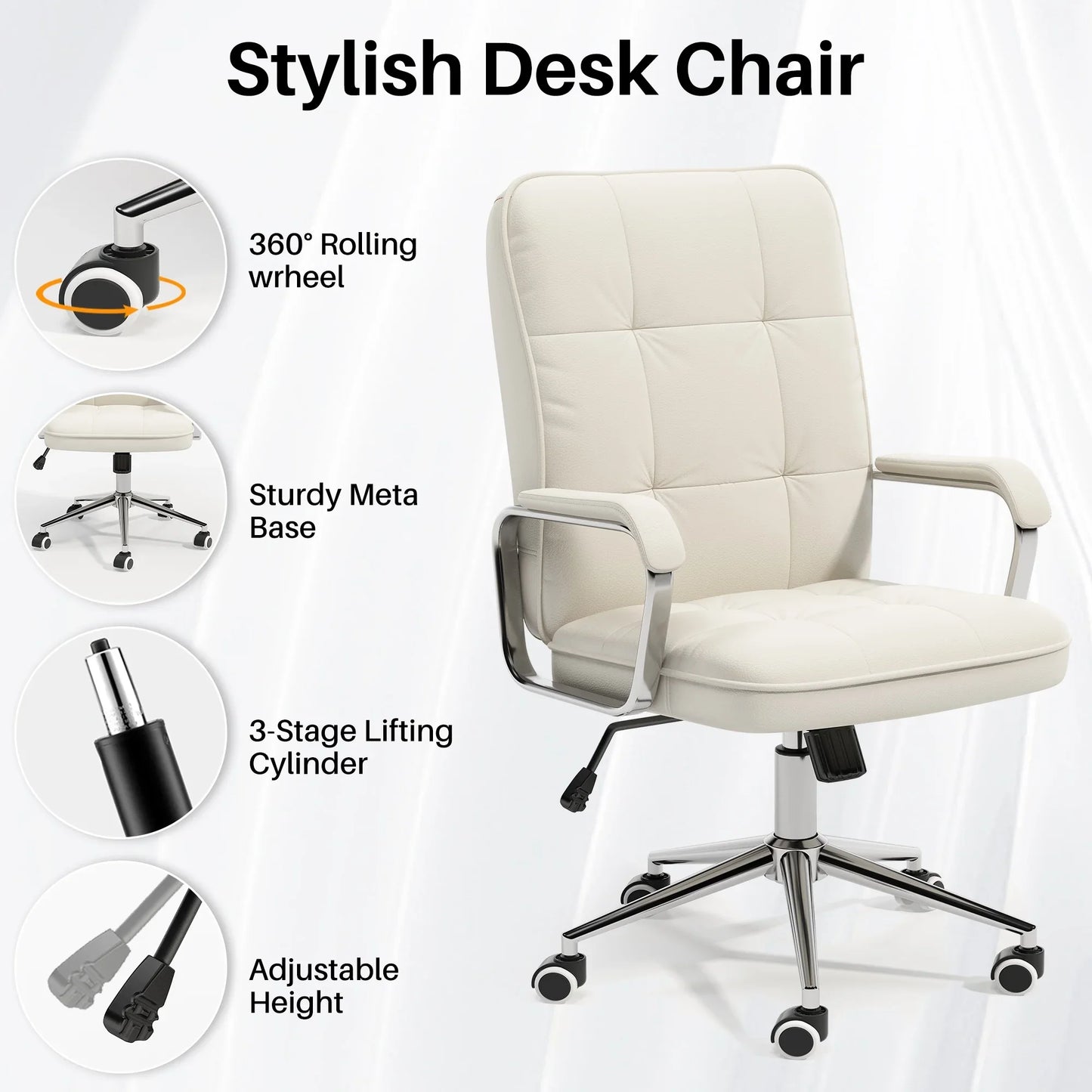 HomeZeer Executive Office Chair 300lbs, Mid Back Support Computer Desk Chairs with Armrests, Height Adjustable Ergonomic Task Chair for Home Office£¬PU Leather Rolling Swivel Office Chair, White