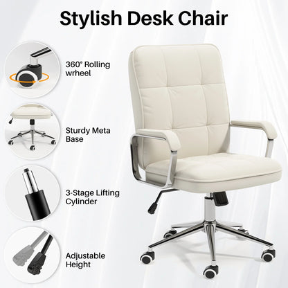 HomeZeer Executive Office Chair 300lbs, Mid Back Support Computer Desk Chairs with Armrests, Height Adjustable Ergonomic Task Chair for Home Office£¬PU Leather Rolling Swivel Office Chair, White
