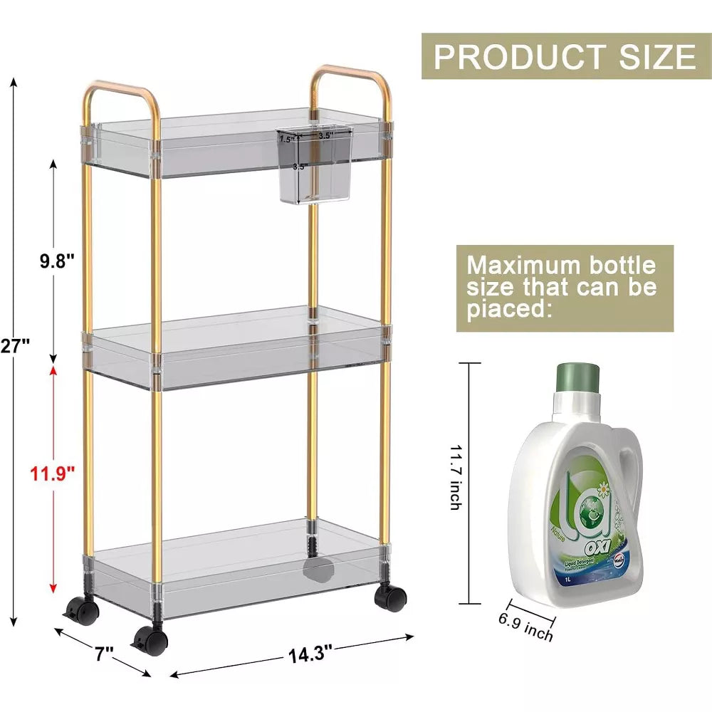 MaseiKar 3-Tier Acrylic Storage Rolling Cart, Bathroom Cart Organizer, Laundry Room Organization, Mobile Shelving Unit for Office, Living Room