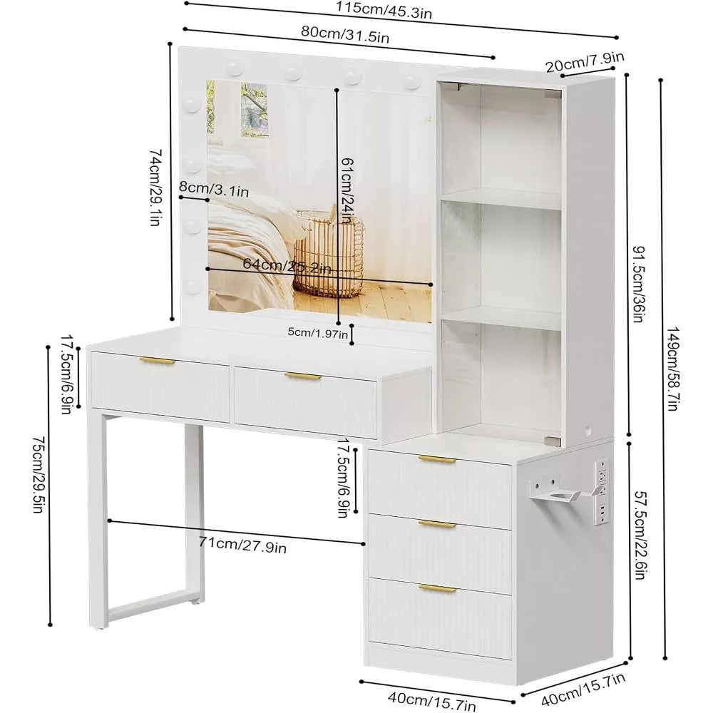 PAKASEPT Fluted Makeup Vanity Tables with 25" Lighted Mirror, 58" Modern Vanity Desk with Glass Canbinet & 5 Drawers, Dressing Table