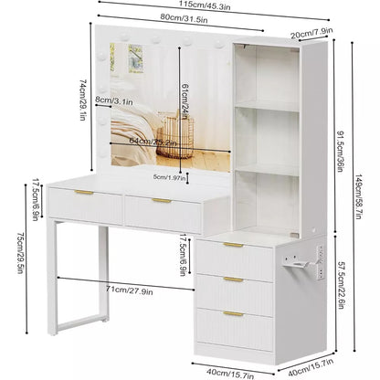 PAKASEPT Fluted Makeup Vanity Tables with 25" Lighted Mirror, 58" Modern Vanity Desk with Glass Canbinet & 5 Drawers, Dressing Table