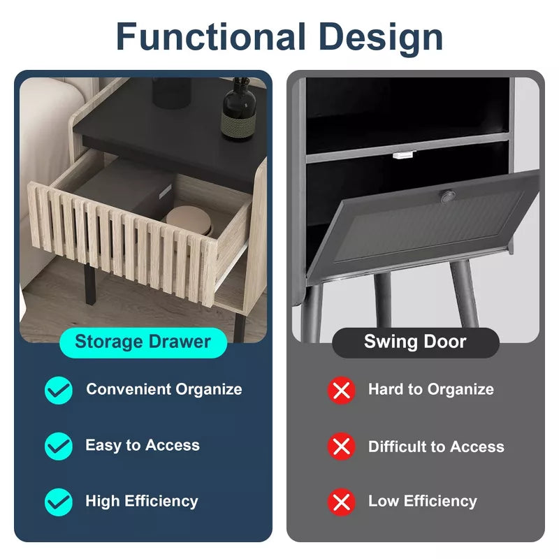Resenkos Boho Nightstand Set of 2 with Hollowed-Out Drawers, Storage Night Stand and Wood Natural Brown