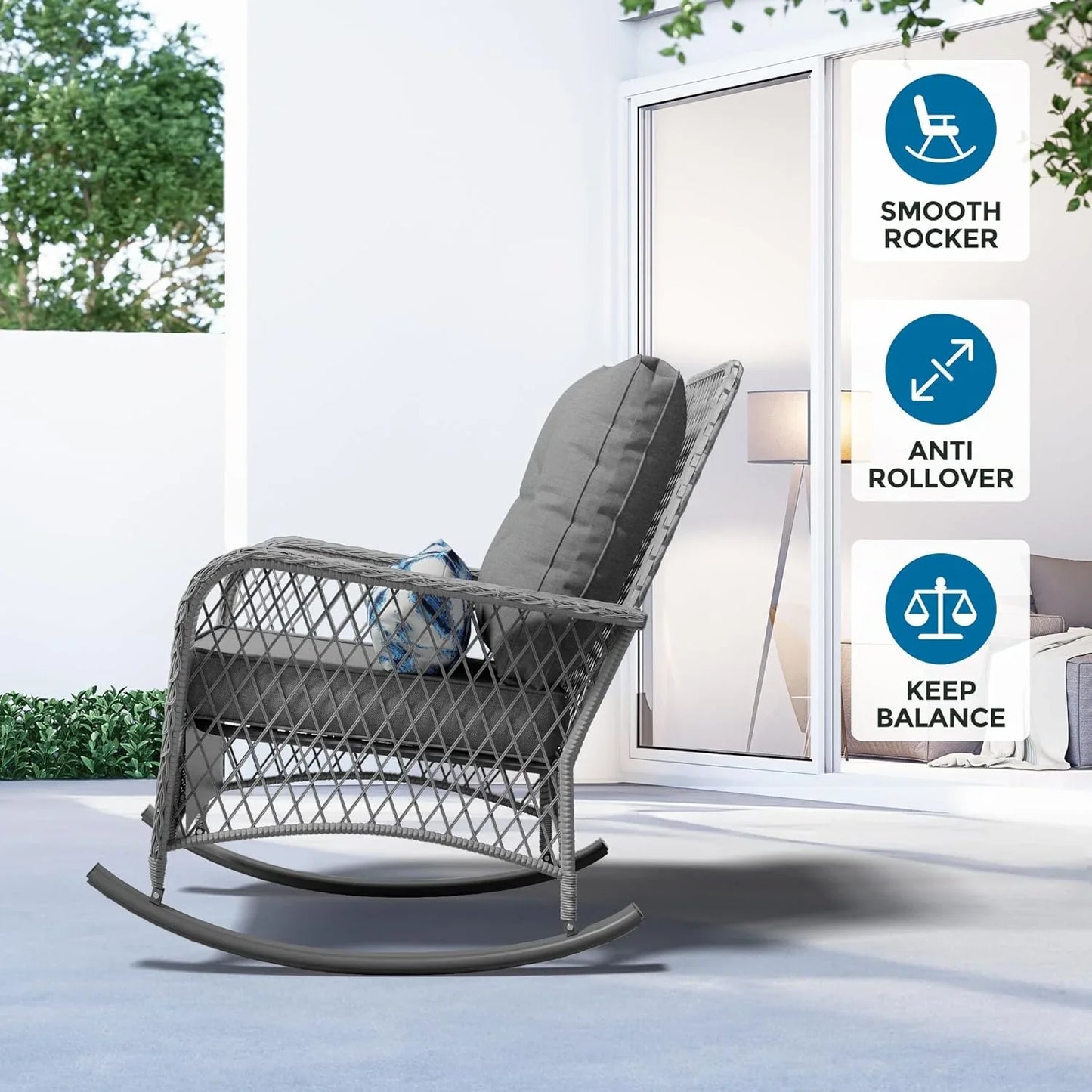 ECOPATIO Outdoor Rocking Chairs Set of 3, Wicker Patio Furniture with Thickened Cushions and Table for Porch£¬350lbs Weight Capacity(Gray)