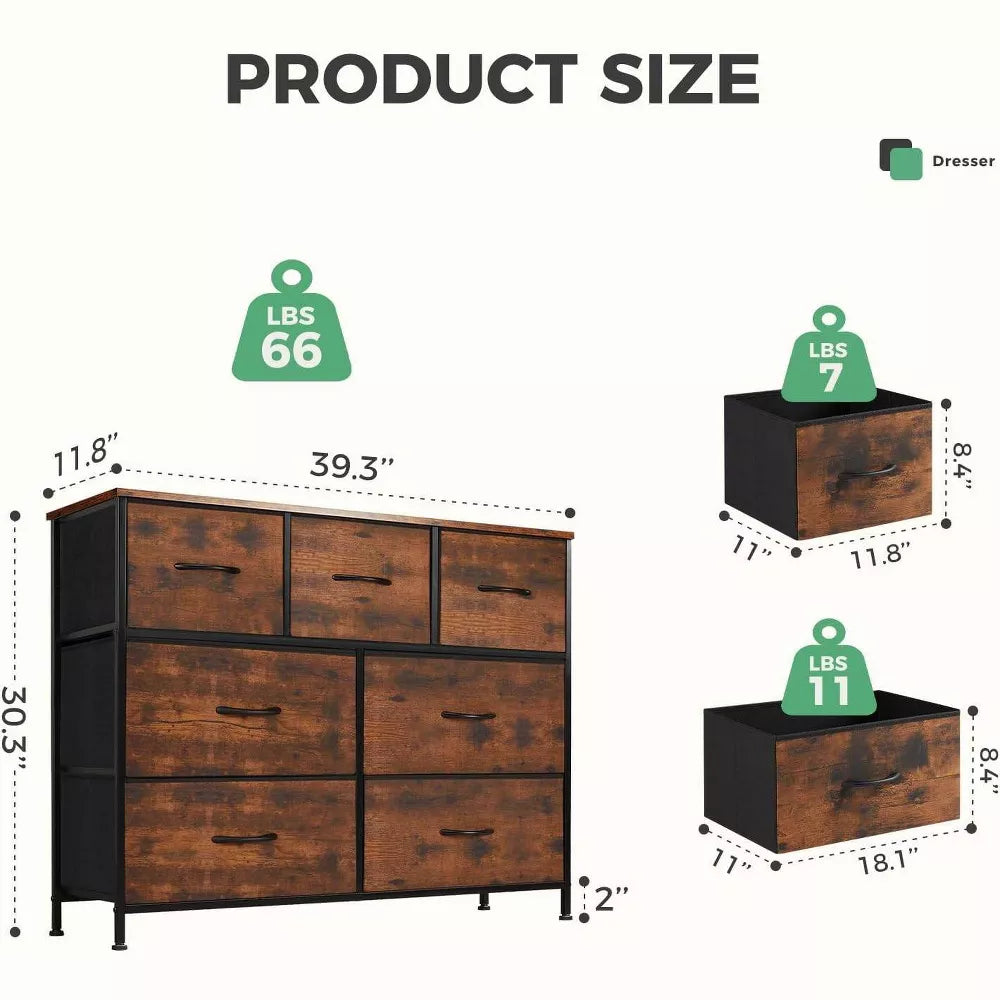 My Depot Bedroom Dresser with 7 Fabric Drawers for Bedroom, Nursery, Living Room, Kids Room, Closet Storage Organization, Metal Frame, Wood Top