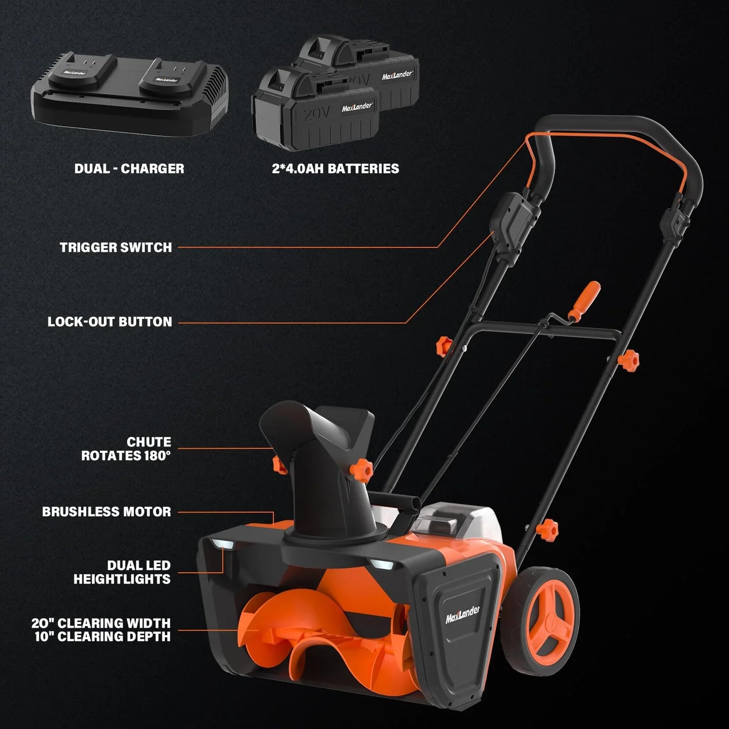 MAXLANDER Snow Blower Cordless, 40V 20-Inch Brushless Cordless Snow Blower with Dual LED Lights, 180¡ã Rotating Chute, Electric Snow Blower Battery Powered£¨2 x 4.0Ah Batteries and Charger Included£©