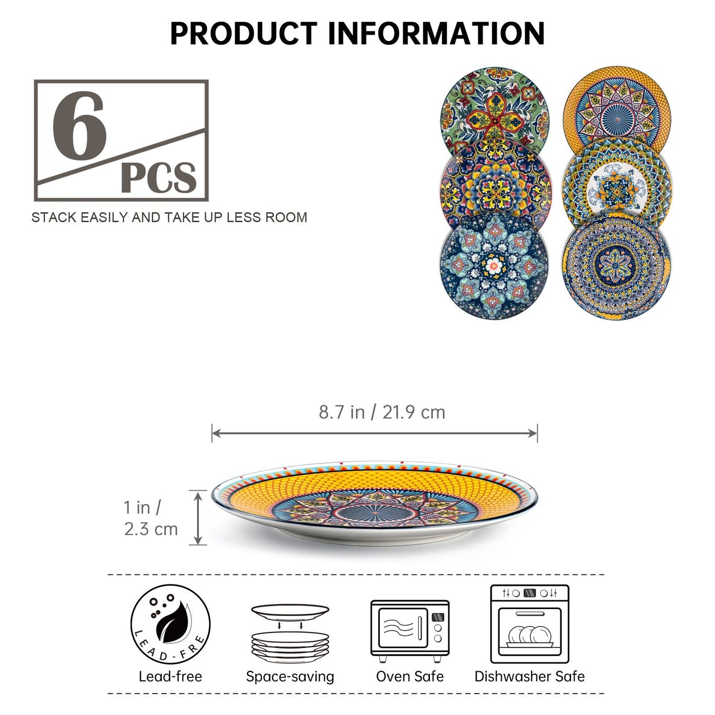 UNICASA Ceramic Dinner Plates Set of 6 - Multicolor Porcelain 8.7 Inch Flat Steak Pasta Pizza Bohemian Plate Home Party Restaurant Plate Scratch Resistant Microwave Oven and Dishwasher Safe