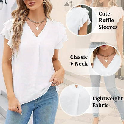 VDJ Womens Dressy Tops Casual Shirts Petal Short Sleeve V Neck Business Blouse White Tunic Tops Lightweight Clothes Size L