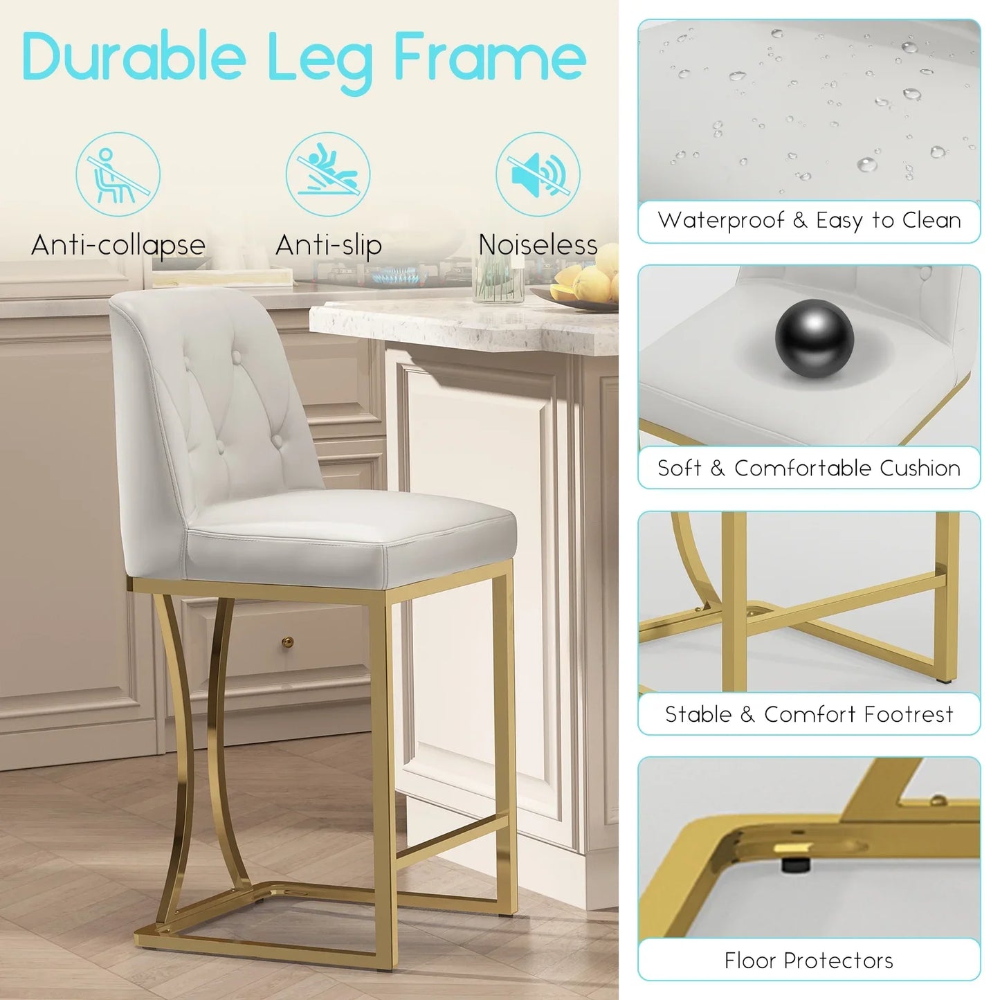 HomeZeer Counter Height Bar Stools Set of 4, Bar Stools with Back and Sliver Metal Frame, 24" Barstools with Footrest, Upholstered PU Leather Counter Stool Chairs for Kitchen Island,White