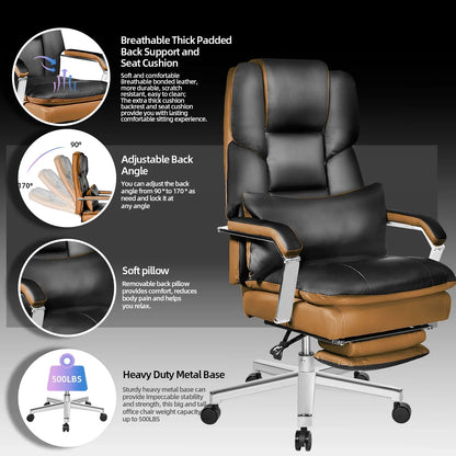 HomeZeer Big and Tall Office Chair 550 lbs, PU Leather Executive Chair Heavy Duty Desk Chairs Ergonomic Reclining Office Chair with Footrest, Black