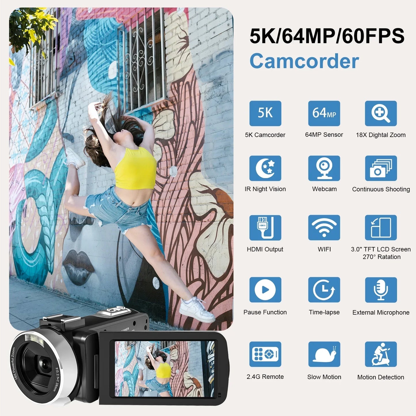 MARVUE 5K Video Camera Camcorder 64MP 18X Zoom Vlogging Camera for Youtube IR Night Vision WiFi 3.0'' Touch Screen Digital Camera