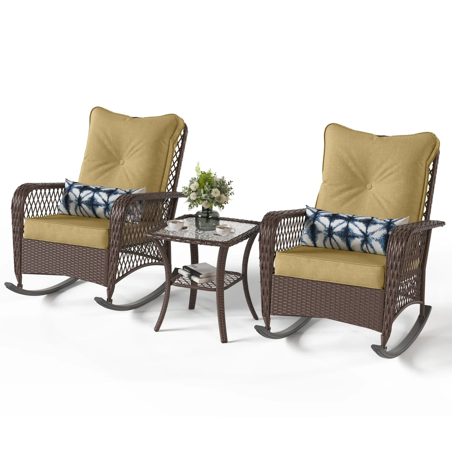 Poteban 3-Piece Outdoor Rocking Chairs, Wicker Patio Furniture with Thickened Cushions and Table for Porch (Khaki)