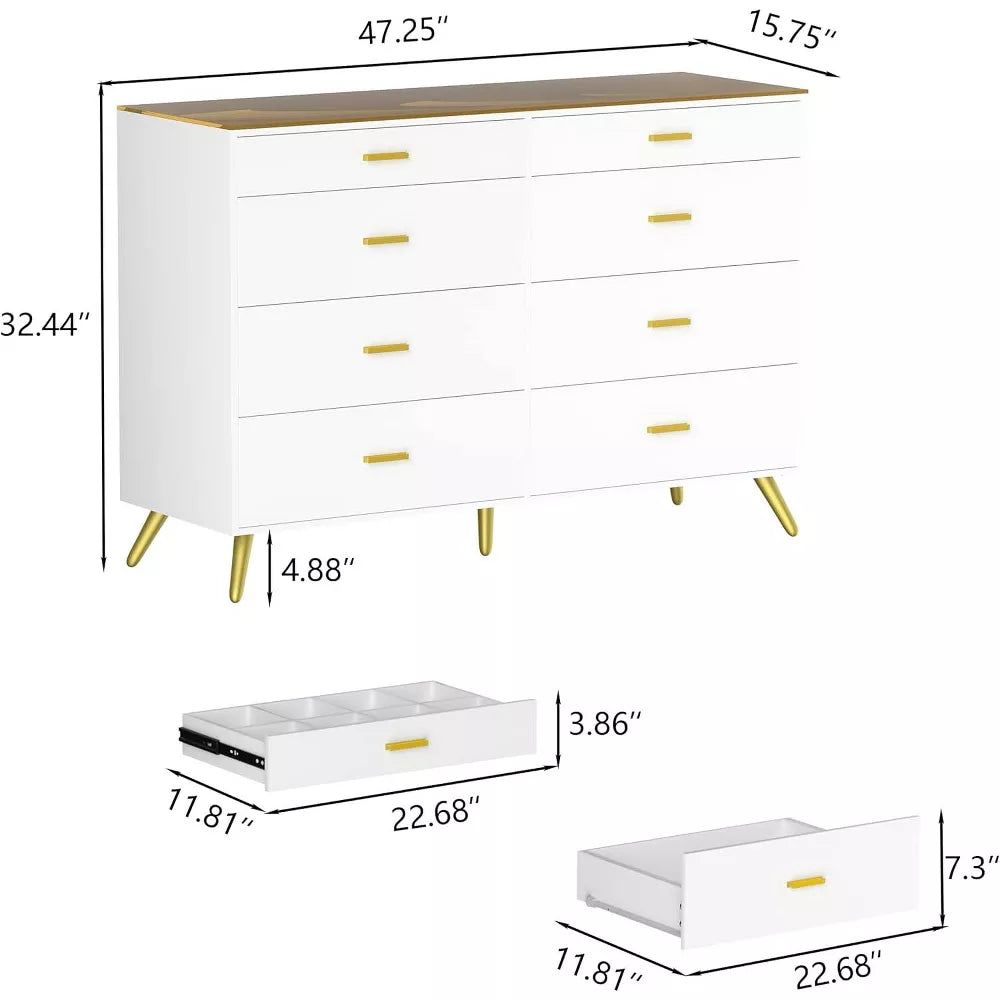 PAKASEPT White Dresser with LED Lights, 8 Drawer Dressers with Tempered Glass Top