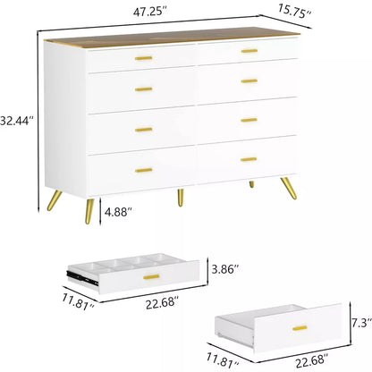 PAKASEPT White Dresser with LED Lights, 8 Drawer Dressers with Tempered Glass Top