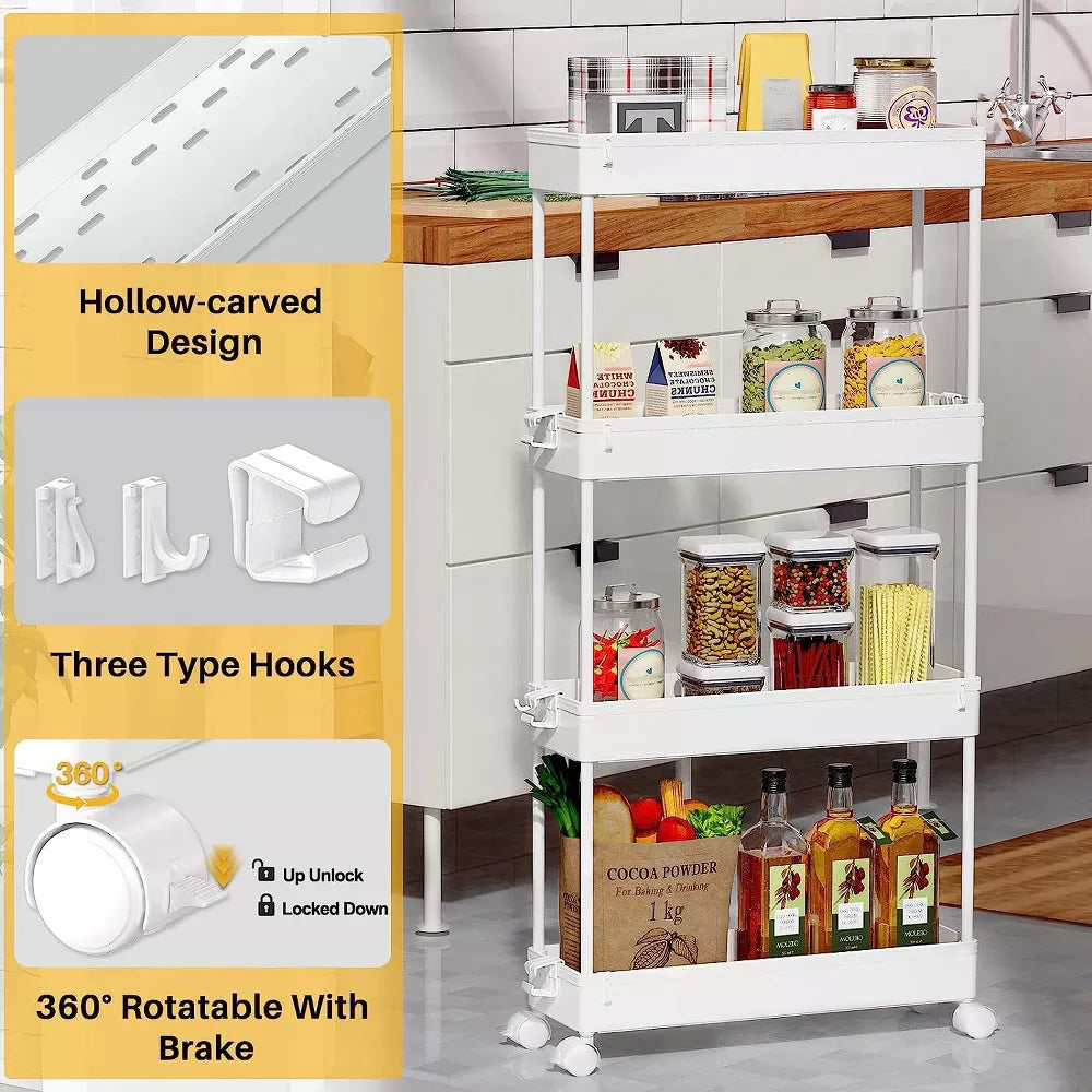 MaseiKar Slim Rolling Storage Cart 4 Tier Bathroom Organizer Mobile Shelving Unit Utility Cart Tower Rack for Kitchen Laundry Narrow Places