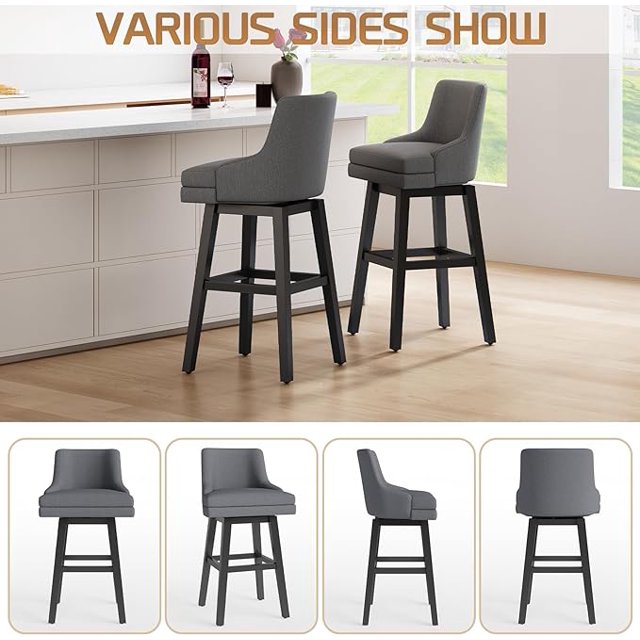 HomeZeer 30 Inch Bar Stools Set of 2, Swivel Counter Height Bar Stools with Back, Upholstered Bar stools for Kitchen Island, Solid Wood Legs Bars Chairs with Footrest for Kitchen Dining Room,Grey
