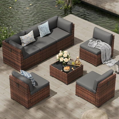 ECOPATIO 7 Pieces Patio Furniture Set, Outdoor Furniture Sectional Rattan Sofa with Slanted Back, Patio Couch with Glass Coffee Table for Backyard Garden Dark Grey (1 Waterproof Cover)