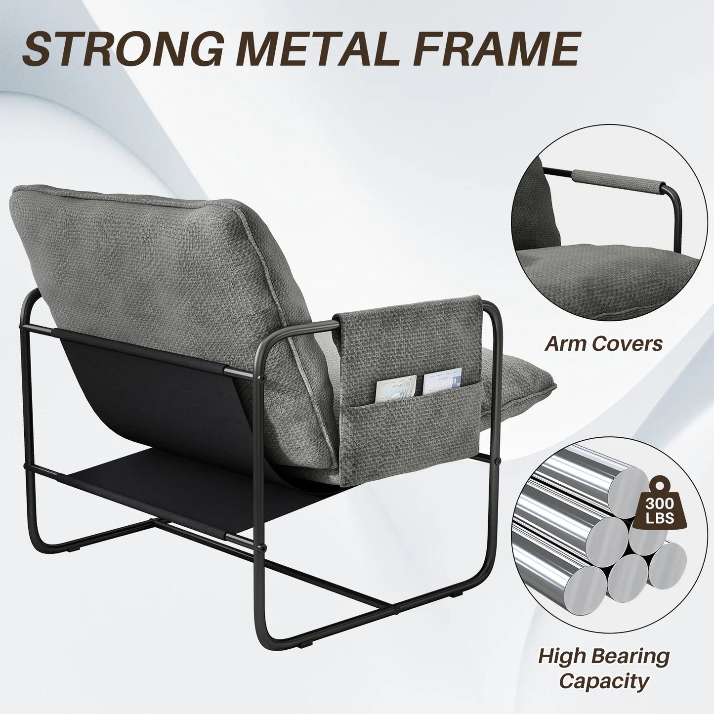 HomeZeer Metal Framed Sling Accent Chair, Living Room Accent Arm Chair with Removable Storage Bag, Linen Fabric Upholstered Leisure Chair for Reading Room, Grey