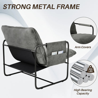 HomeZeer Metal Framed Sling Accent Chair, Living Room Accent Arm Chair with Removable Storage Bag, Linen Fabric Upholstered Leisure Chair for Reading Room, Grey