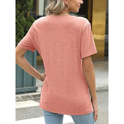 VDJ Women's Plus Size Tops Henley V Neck Cuff Short Sleeve T Shirts Casual Basic Summer Tees Shirts Loose Fit Tunic Tops