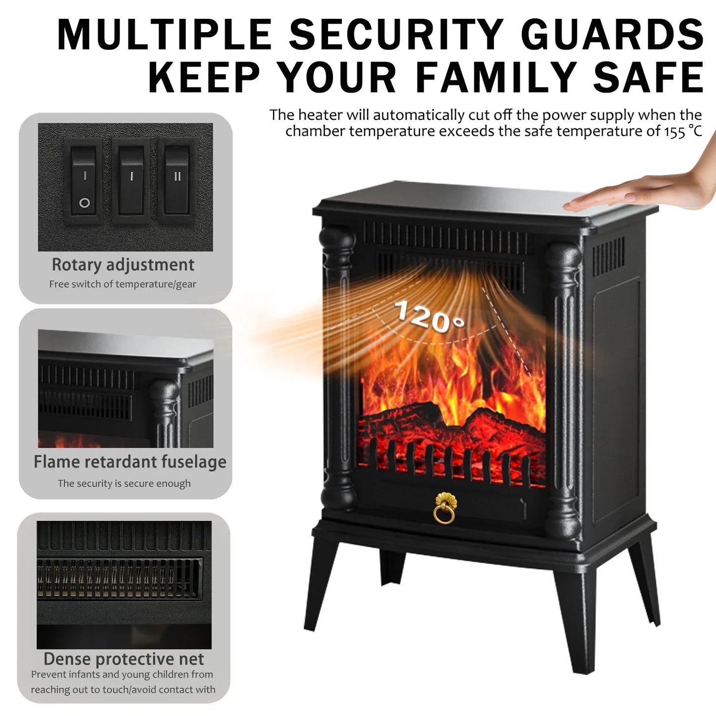 Baokaler 1500W Electric Fireplace Heater, 1300 sq ft Infrared Electric Fireplace with Realistic 3D Flame Effect, Electric Heater with Overheat Protection for Home Bedroom Office