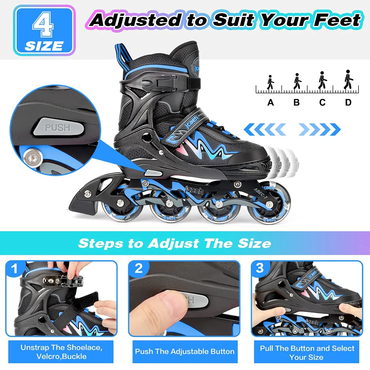 Adjustable Inline Skates for Kids and Adults, jcaeh 4 Sizes Outdoor Blades Roller Skates with Full Illuminating Light Up Wheels for Girls and Boys, Men and Women/Blue(Size 1-4 US)
