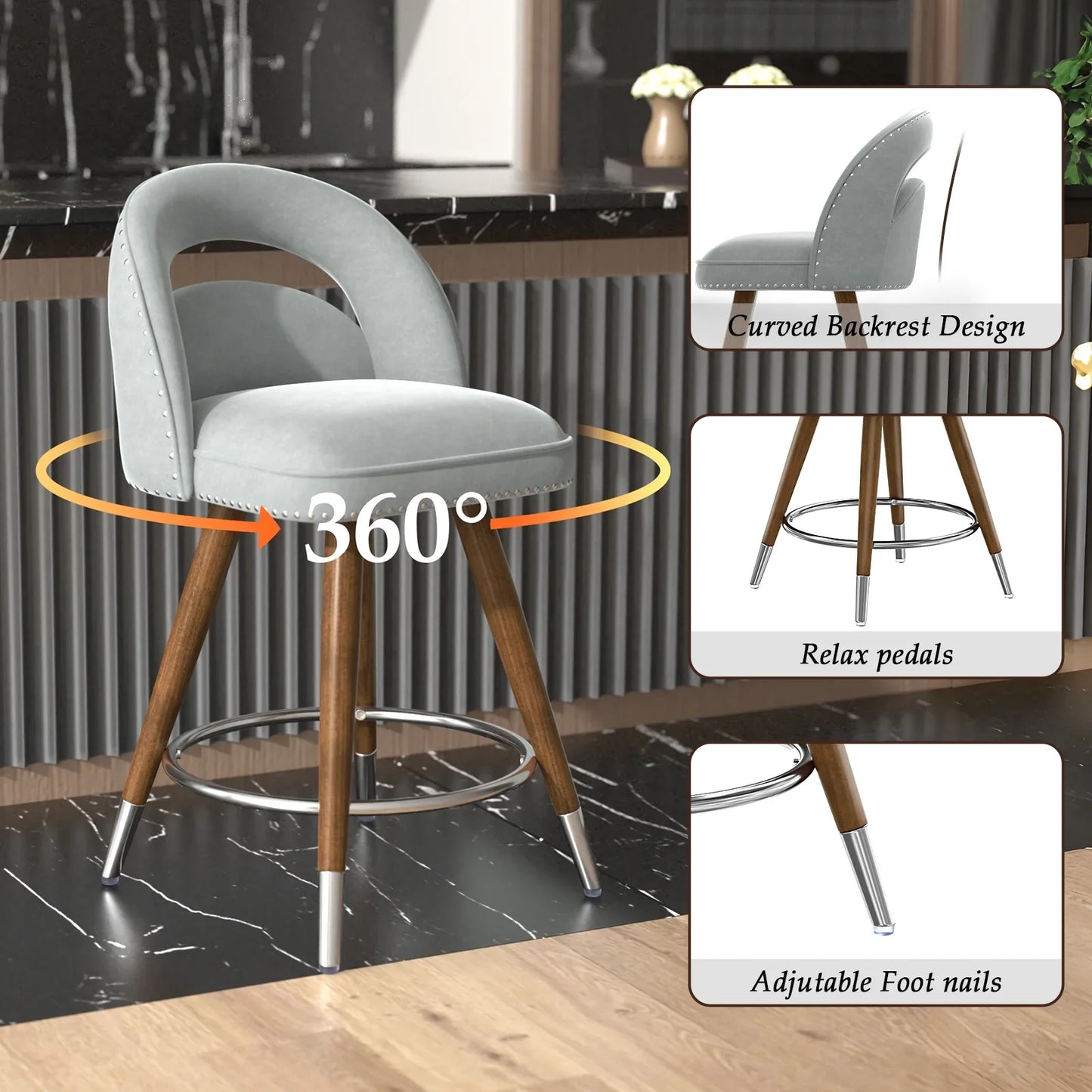 HomeZeer Swivel Counter Height Bar Stools Set of 2, 24 Inch Modern Counter Stools with Back,Velvet Upholstered Barstools for Kitchen Island, Solid Wood Legs Bars Chairs with Footrest, Grey