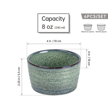 UNICASA Ramekins 8 oz Ramiken for Creme Brulee,Lava Cake,Pudding,Souffle,Small Sauce Bowl,Ceramic Baking Dishes- Set of 4 (Green)