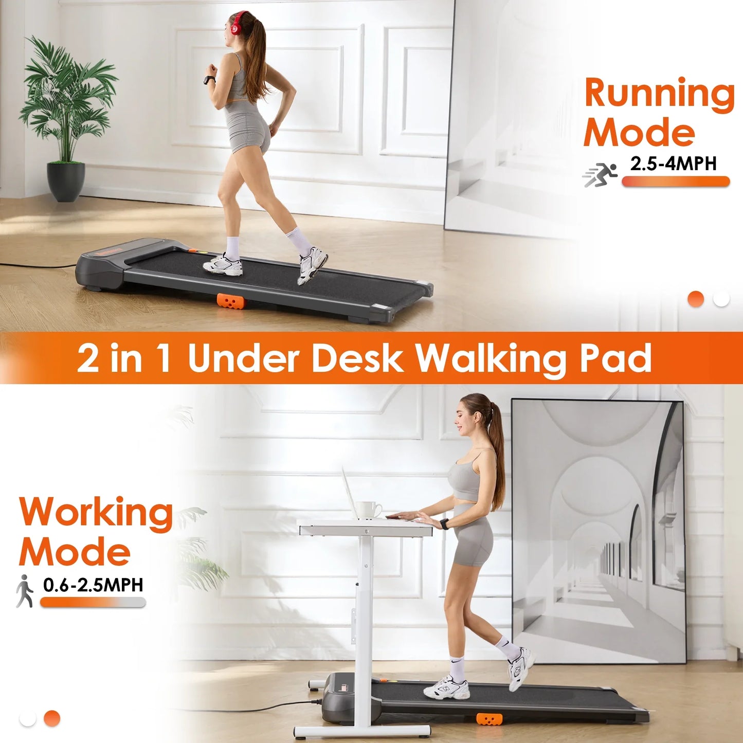 HOMGUAVA Under Desk Treadmill, Walking Pad Treadmills with Remote Control and LED Display, Gray
